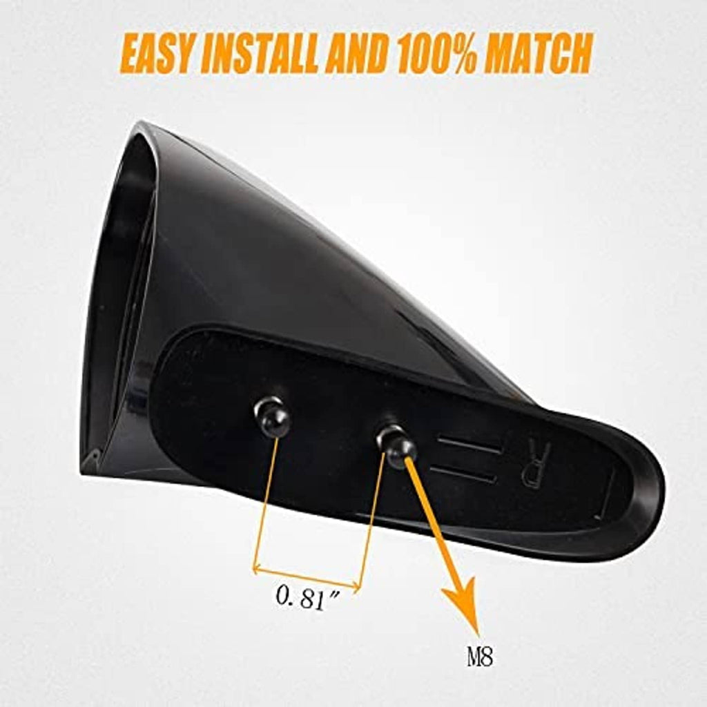 Black side mirror housing with mounting studs and M8 thread detail