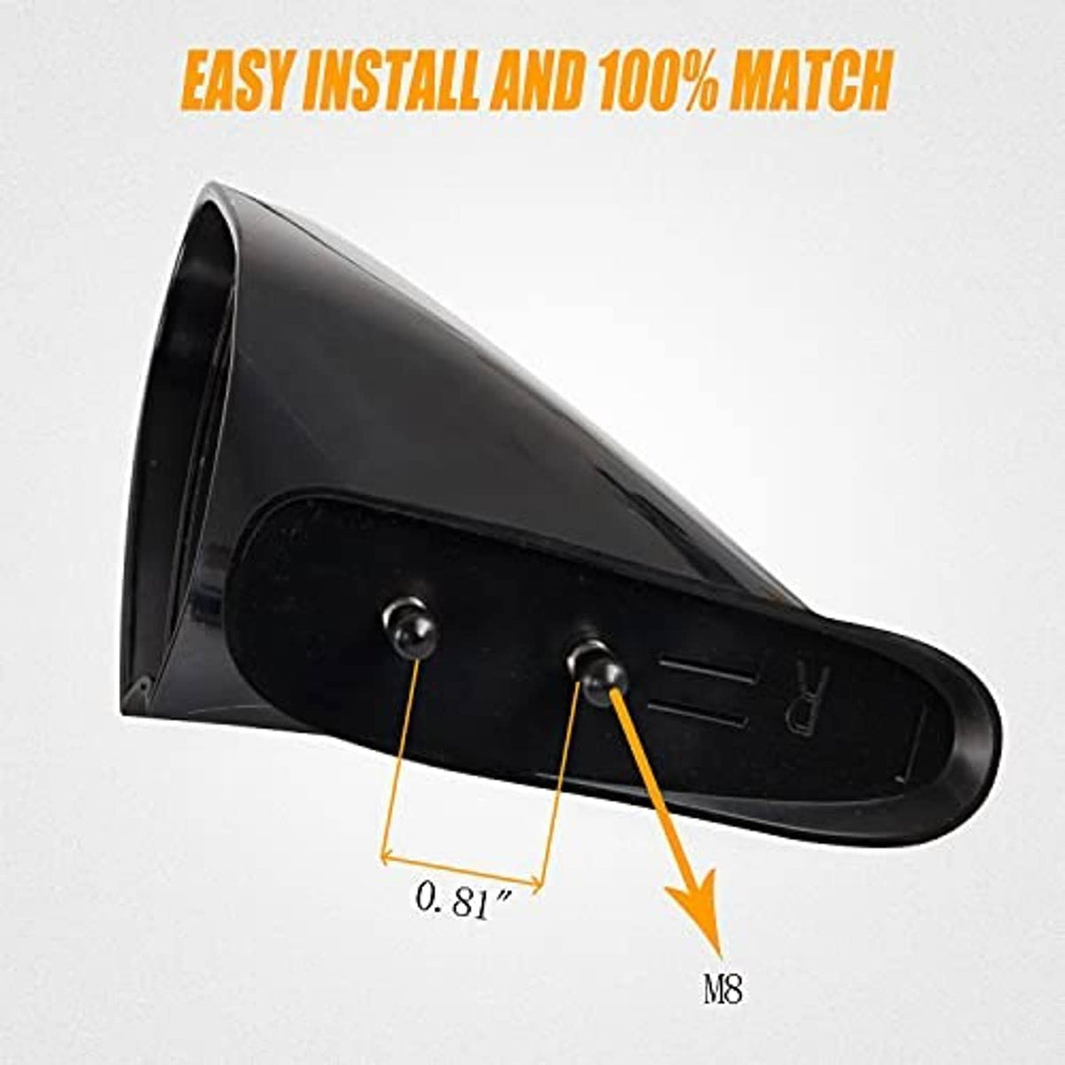 Black side mirror housing with mounting studs and M8 thread detail