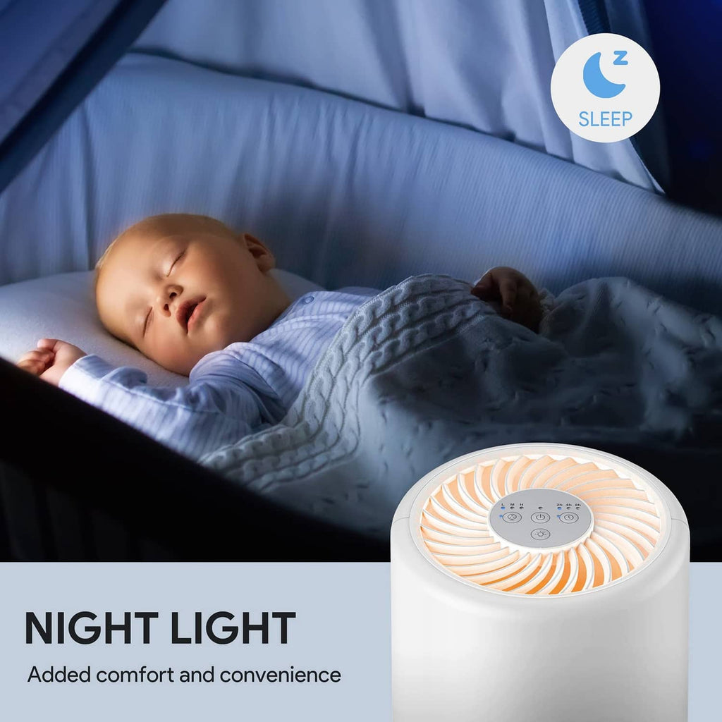White cylindrical air purifier on a bedside table with visible top fan grille.