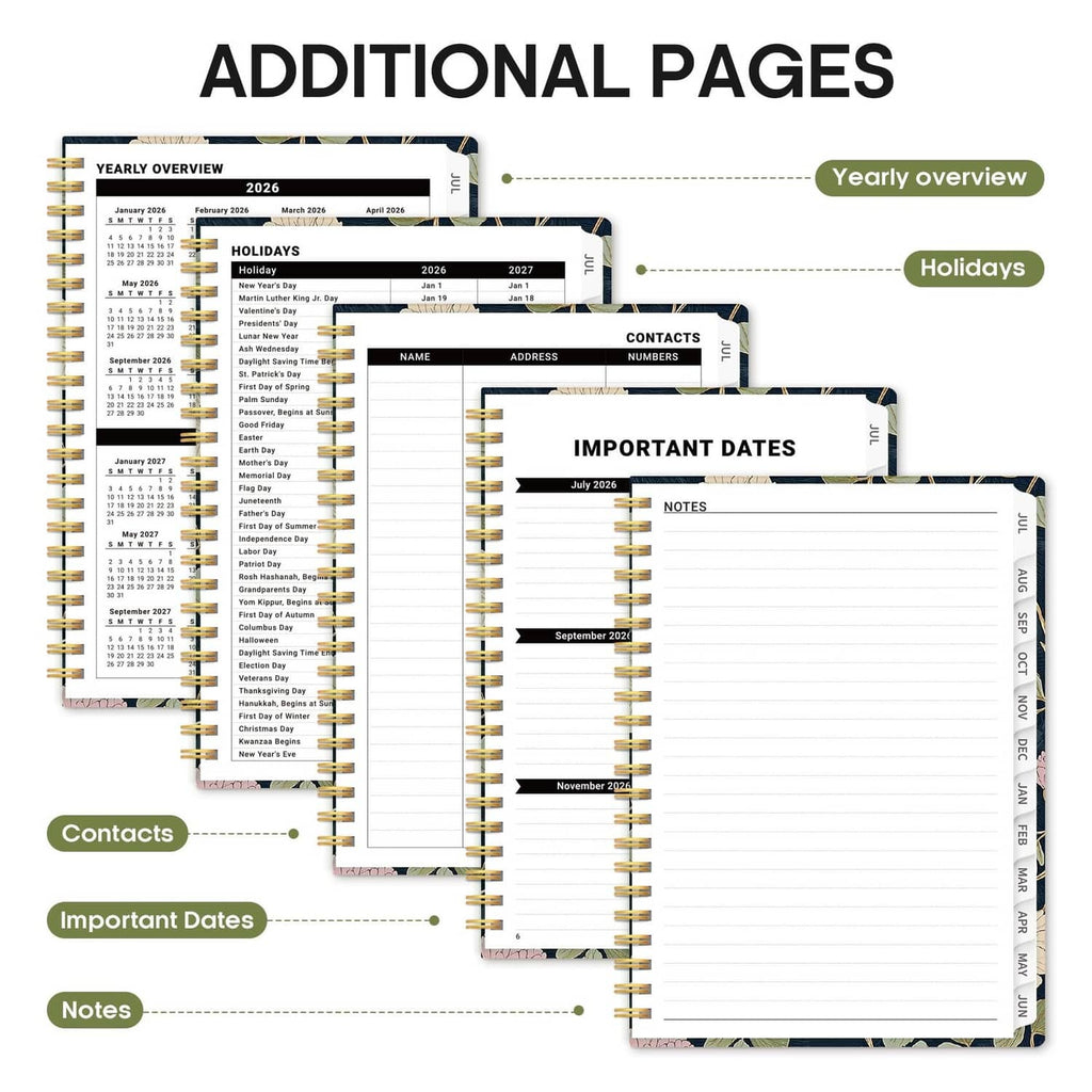 Planner additional pages layout with yearly overview, holidays, contacts, and important dates