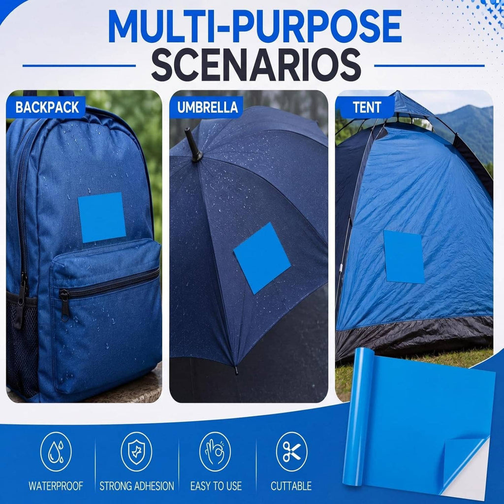 Blue self-adhesive vinyl repair patch shown on backpack, umbrella, and tent panels