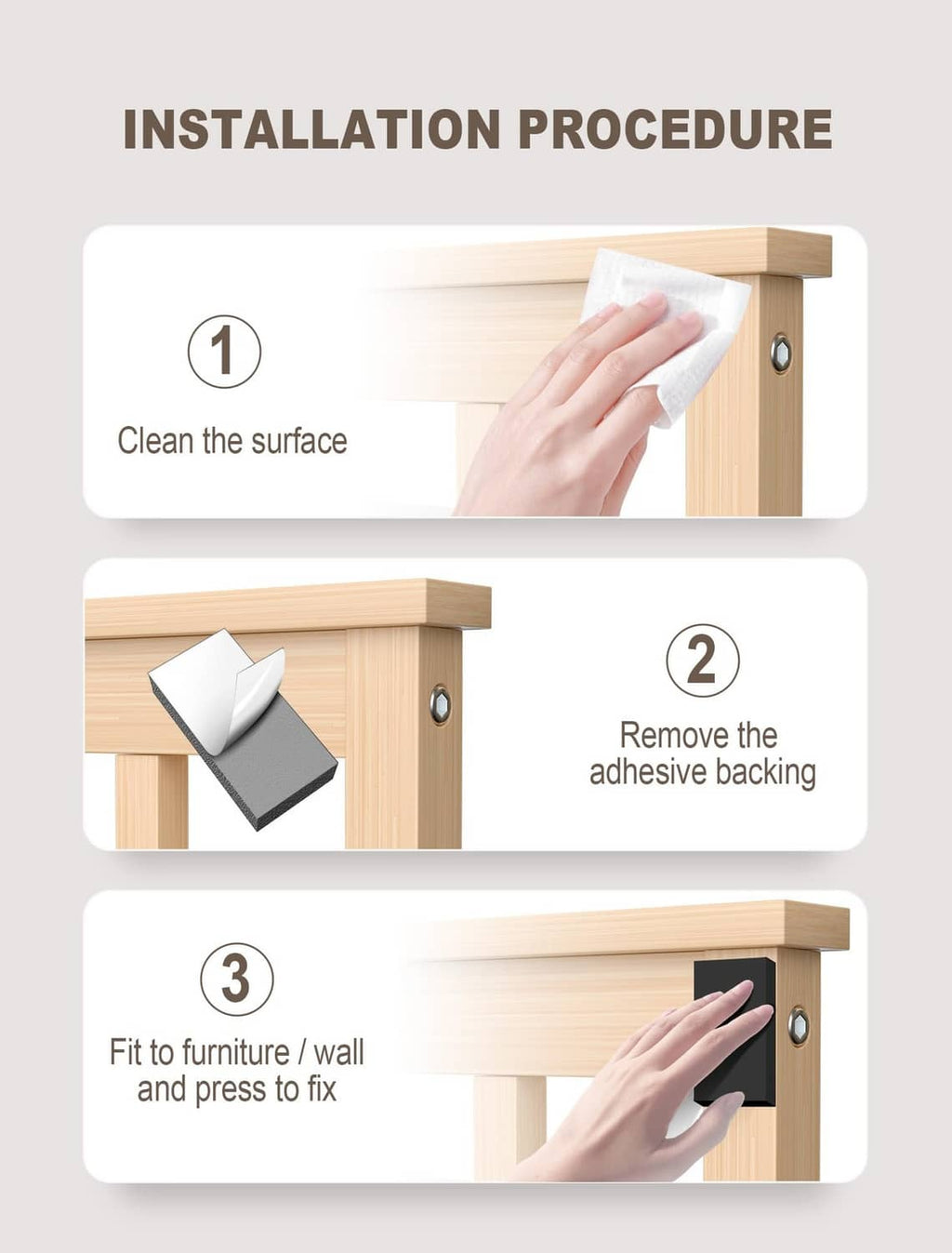 Black furniture wall protector installation steps with adhesive backing and mounting
