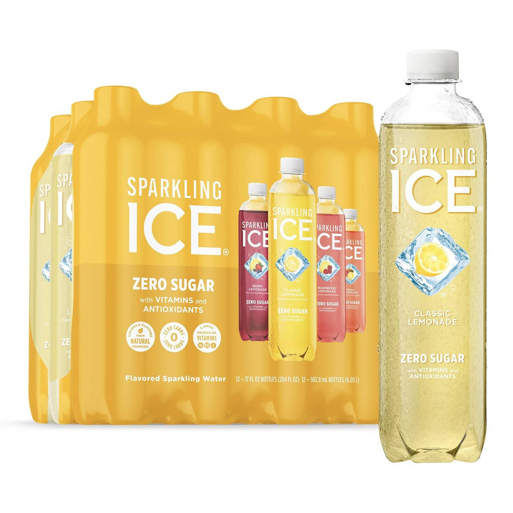 Sparkling Ice zero sugar variety pack with classic lemonade bottles and label on canisters