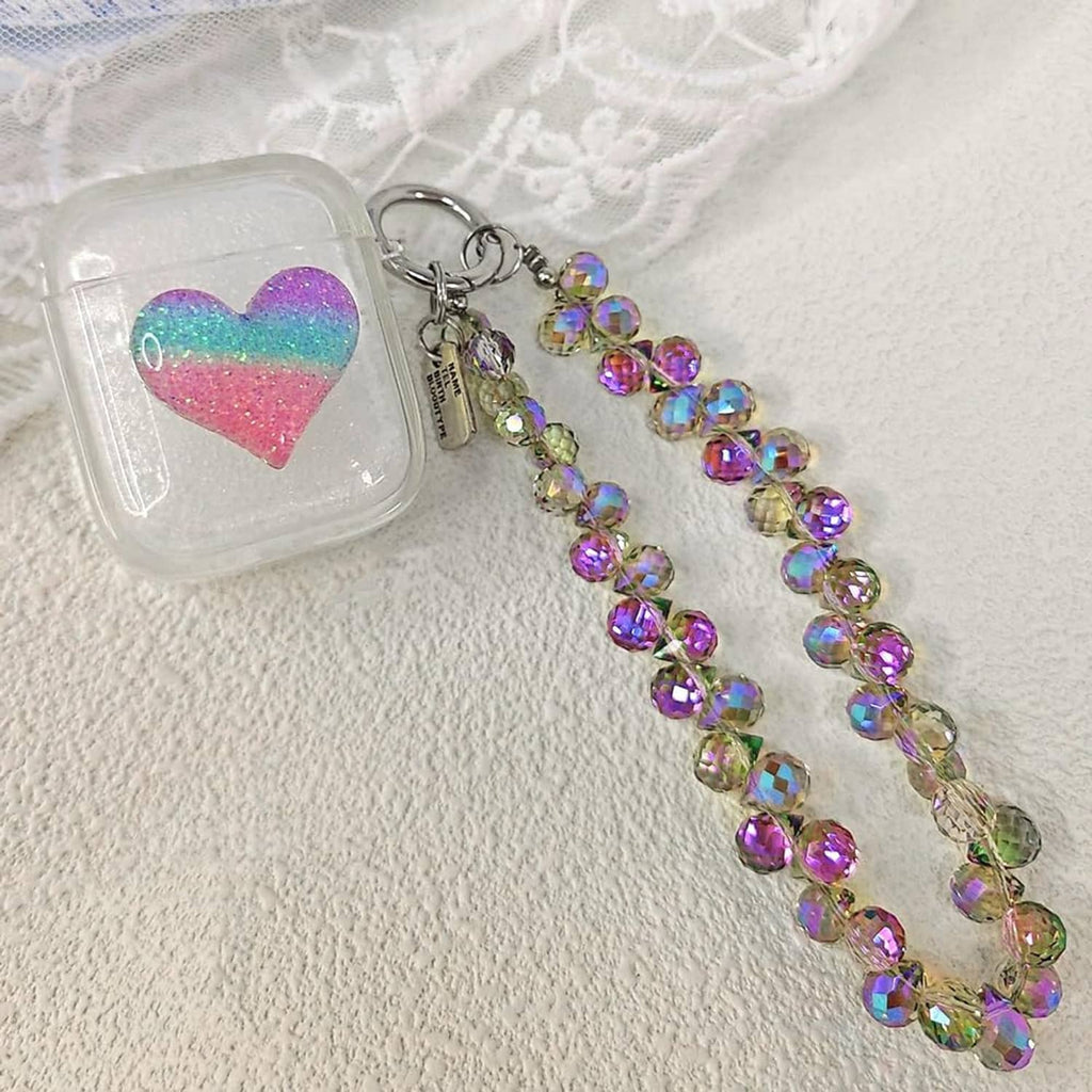 Multicolor iridescent crystal bead phone strap with metal key ring and clasp