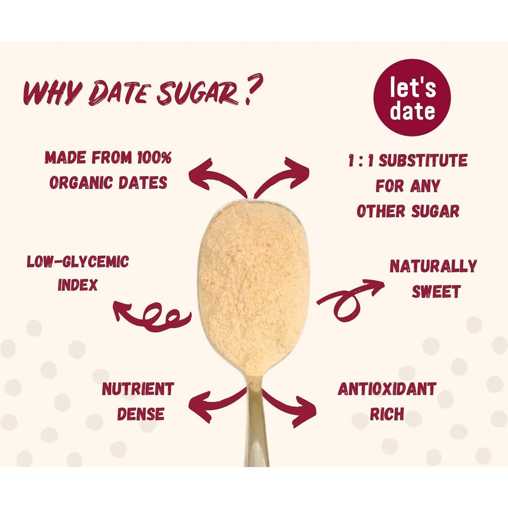 Organic date sugar pouch with spoon graphic and benefits icons