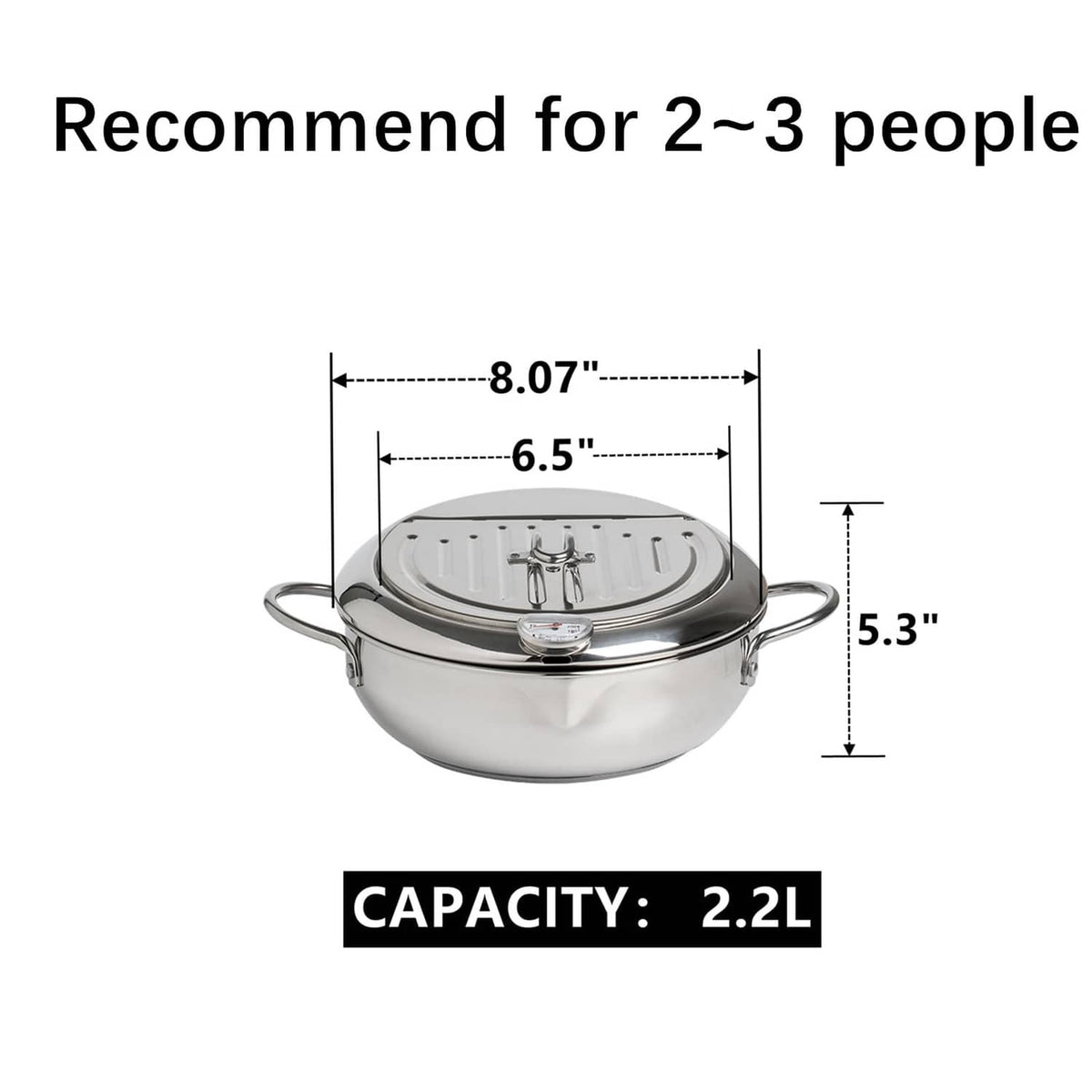 Stainless steel deep-fryer pot with lid and side handles, shown with size and gauge