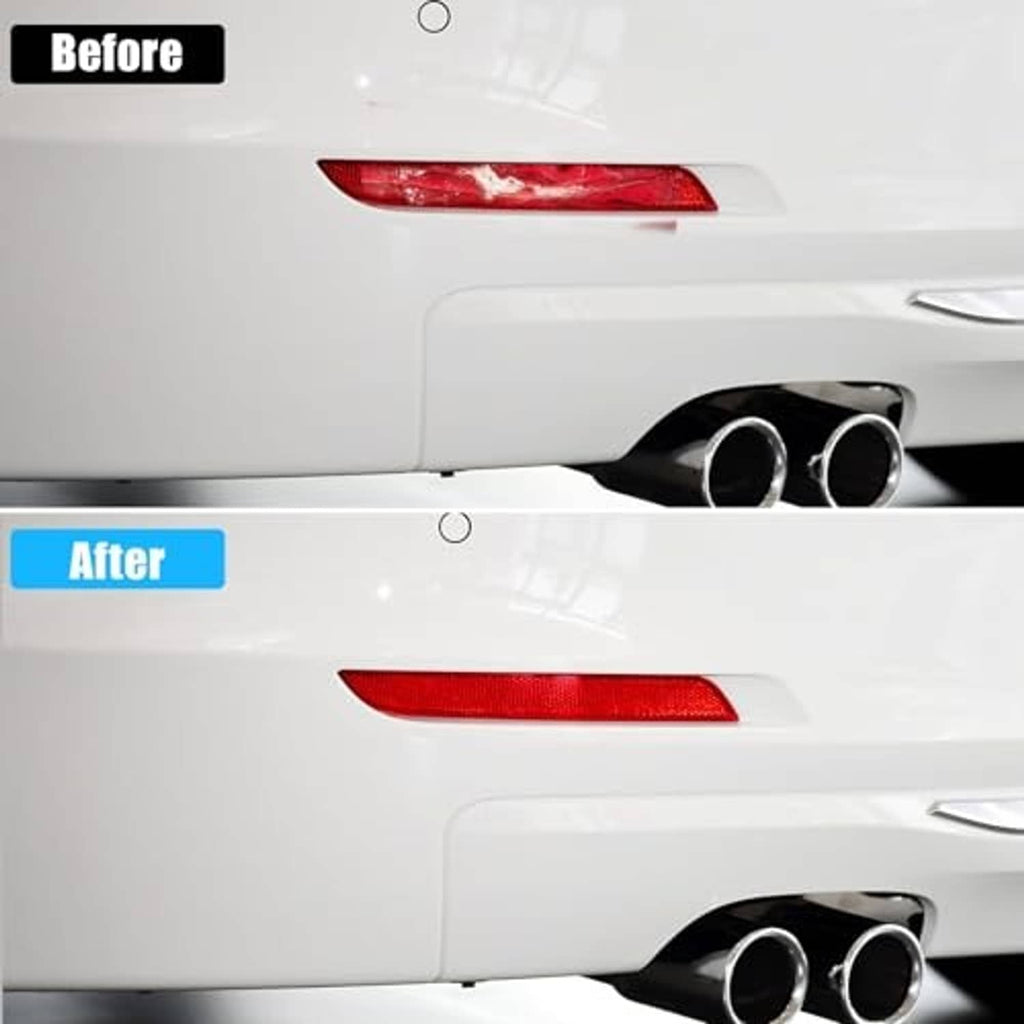 Red rear bumper reflector strip on rear bumper, before-and-after view