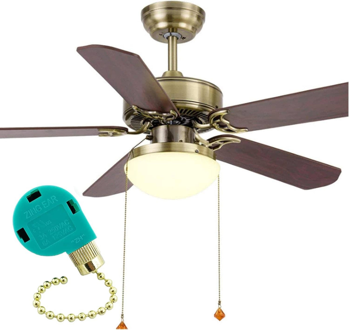Ceiling fan pull chain switch with teal housing and brass bead chain on ceiling fan