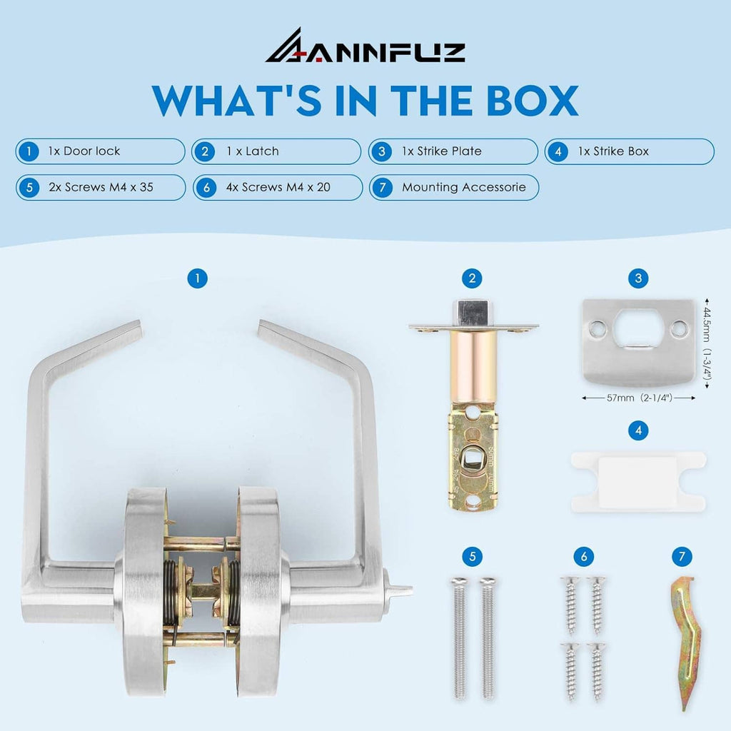Door privacy lock kit layout with door lock, latch, strike plate, screws, and mounting parts