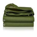Folded green waterproof tarp sheet with reinforced grommets along the edges