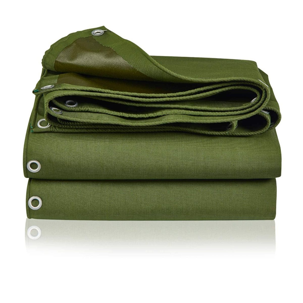 Folded green waterproof tarp sheet with reinforced grommets along the edges