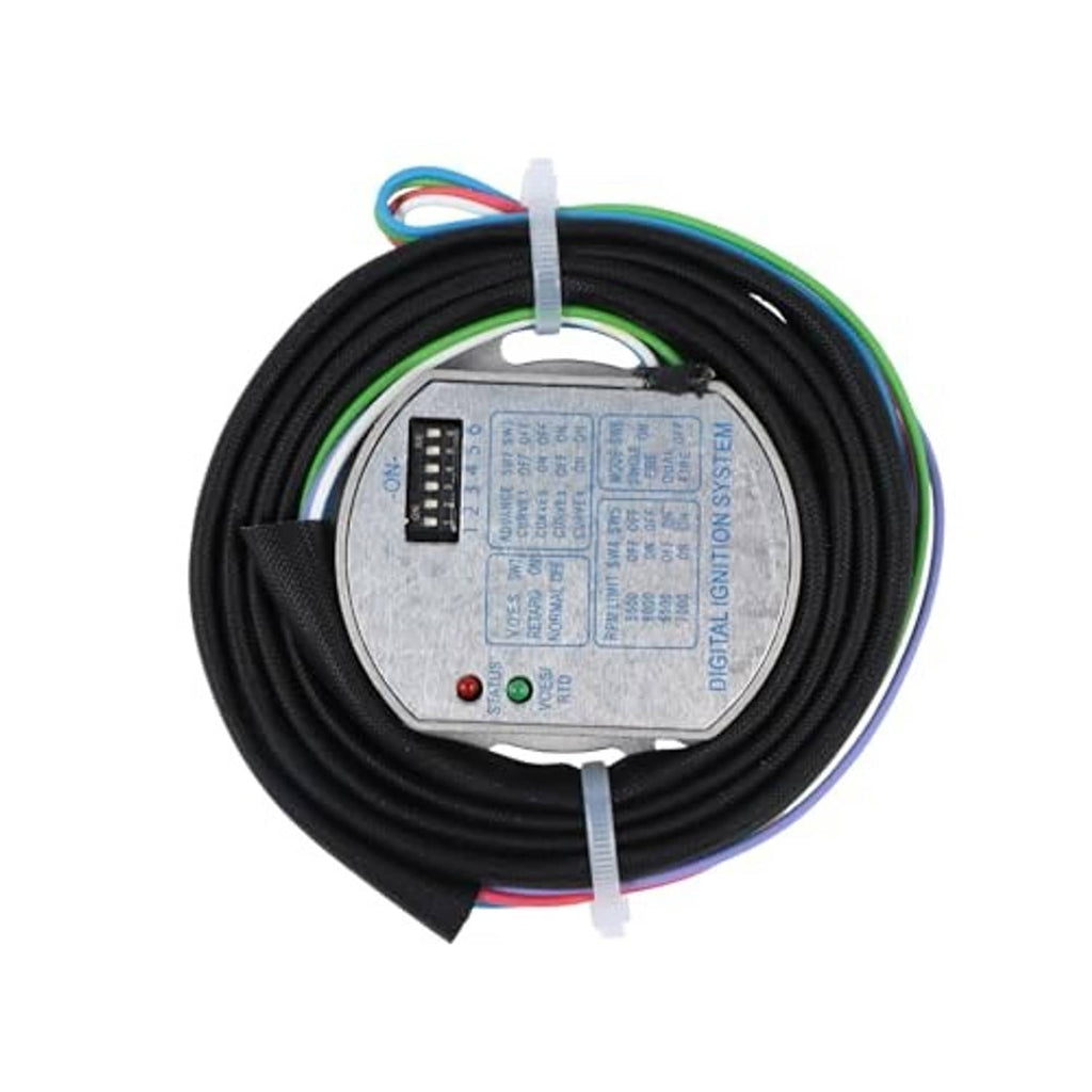 Programmable single-fire ignition module with black cable harness and silver circuit box