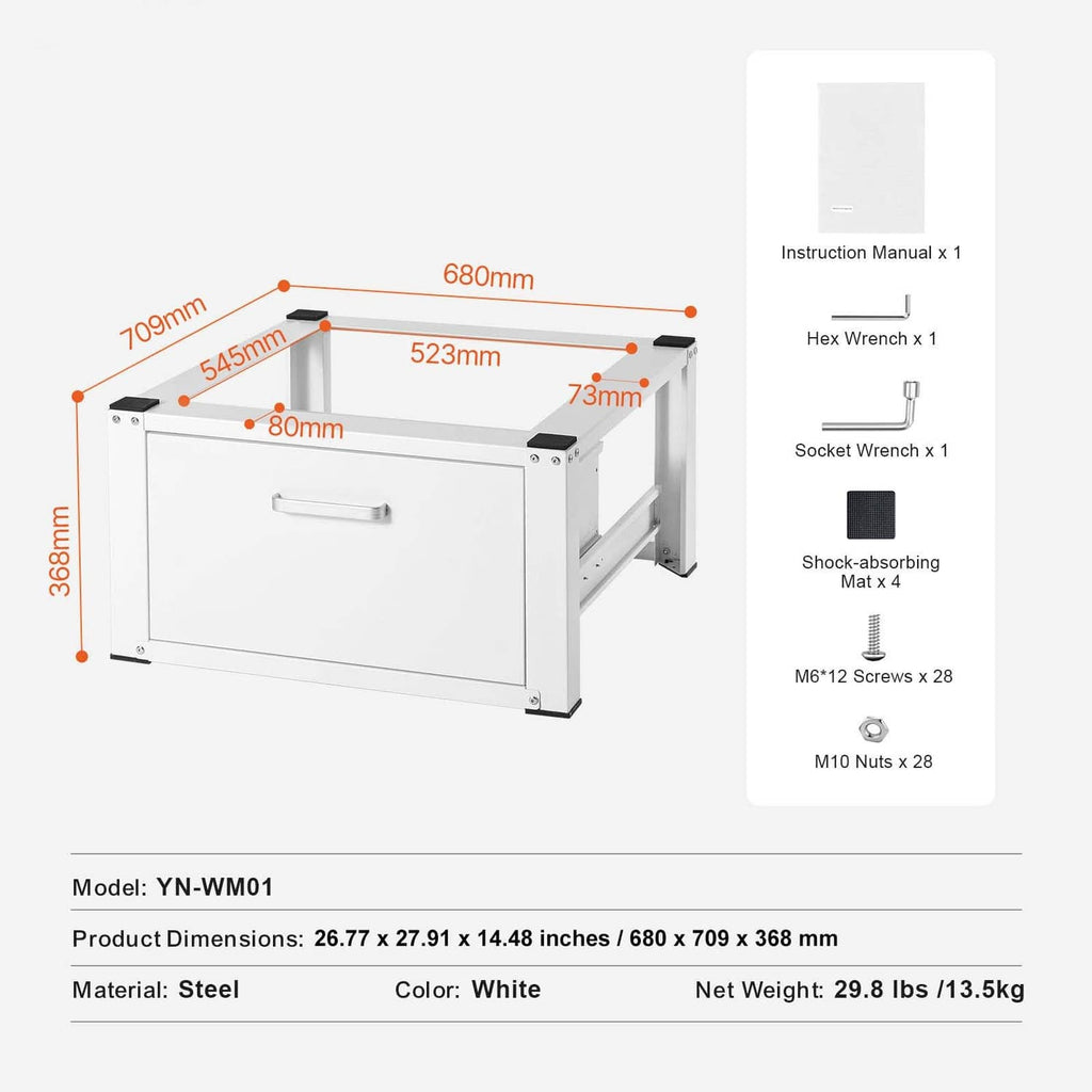 Washer dryer pedestal stand platform with dimension layout and included hardware