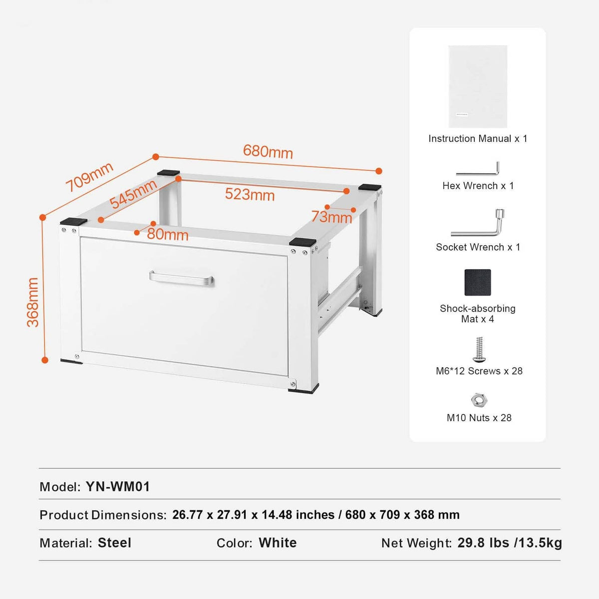 Washer dryer pedestal stand platform with dimension layout and included hardware