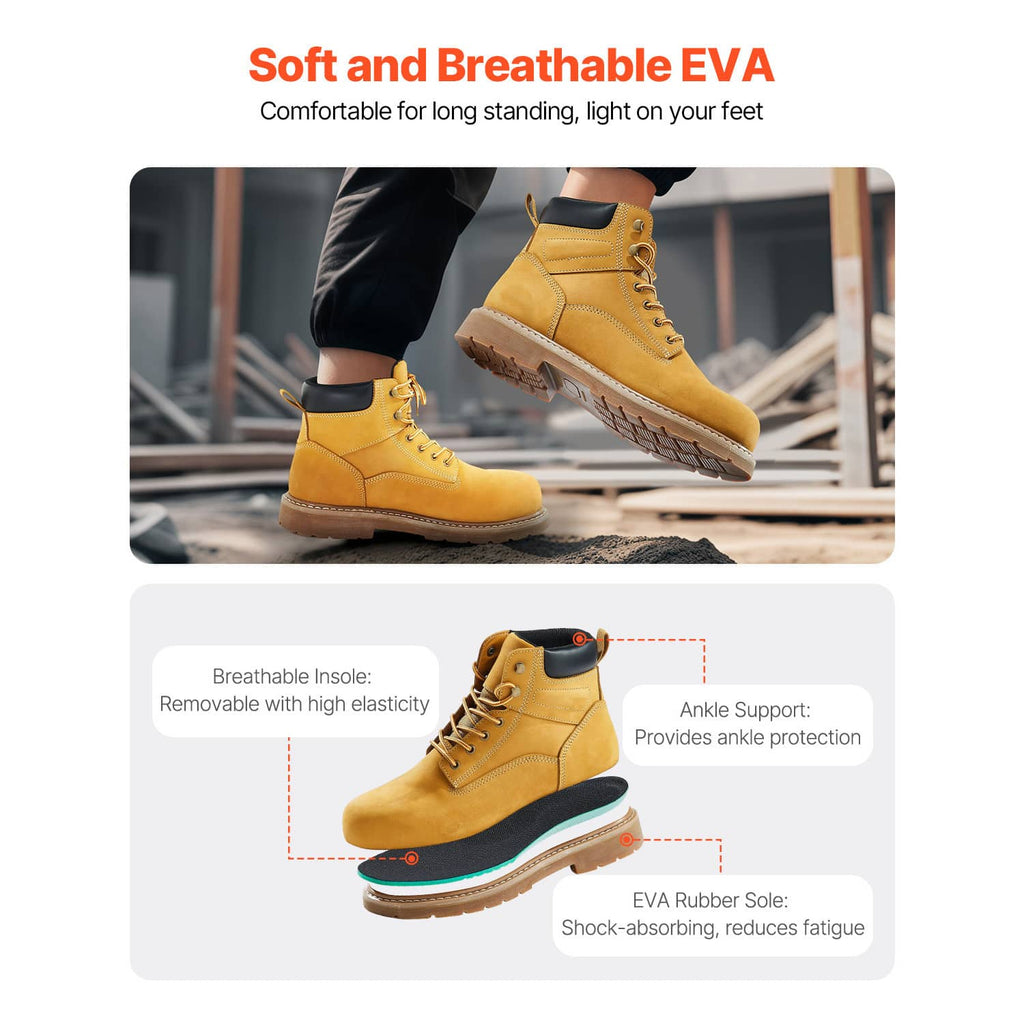 Yellow lace-up work boots on pavement with rugged rubber sole and cushioned collar