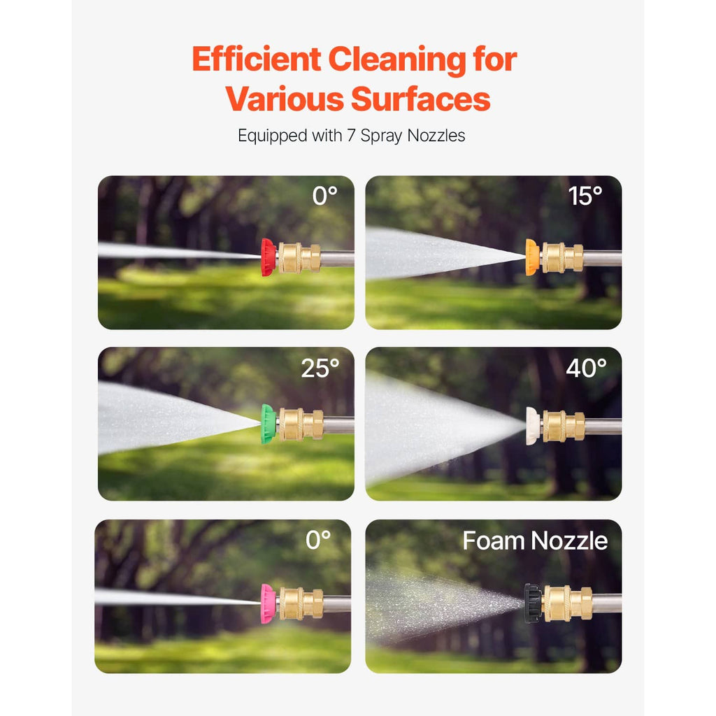 Pressure washer spray nozzle tips with angled spray patterns and foam nozzle