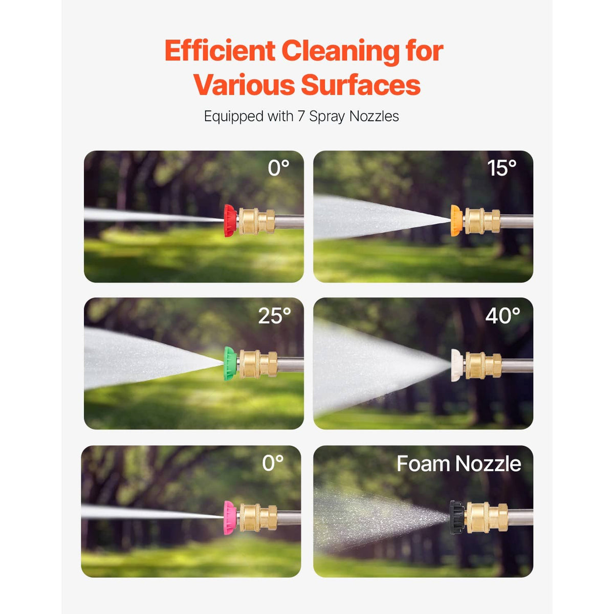 Pressure washer spray nozzle tips with angled spray patterns and foam nozzle