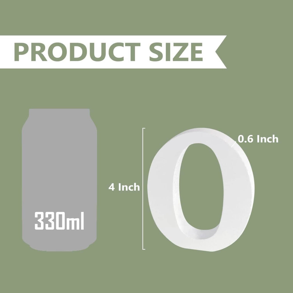 White unfinished wood letter O, 4 in tall and 0.6 in thick (size diagram)