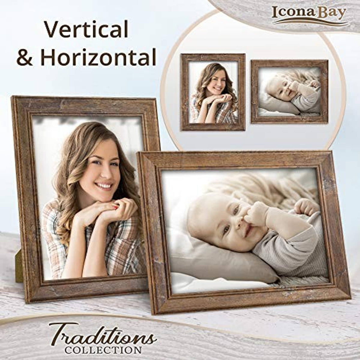 Chestnut brown rustic wood picture frame displayed in vertical and horizontal orientation