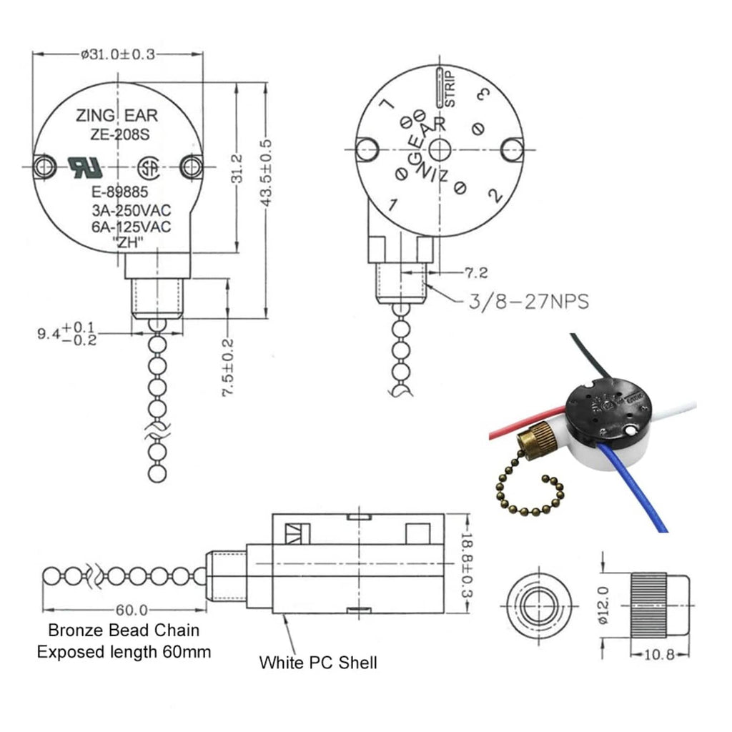 Ceiling fan pull-chain switch dimension diagram with bronze bead chain and mounting posts