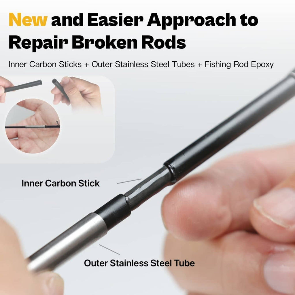 Fishing rod repair kit showing inner carbon stick inserted into outer stainless steel tube