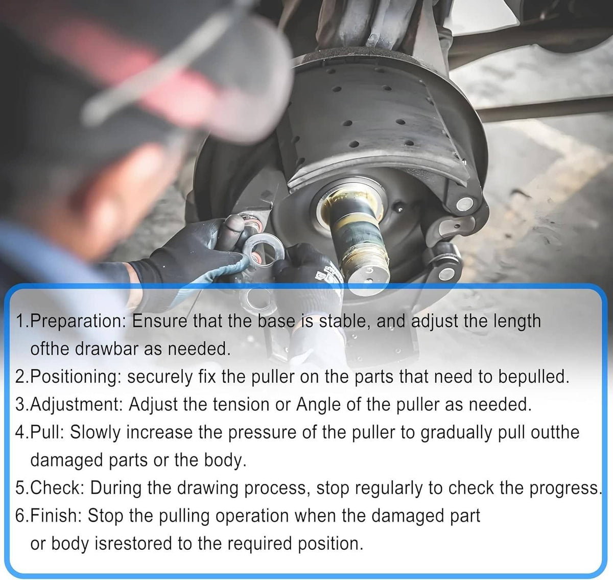 Wheel hub area with step-by-step usage instructions for a yoke puller tool