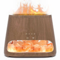 Dark wood 2-in-1 salt lamp diffuser humidifier with glowing pink salt-rock tray and controls