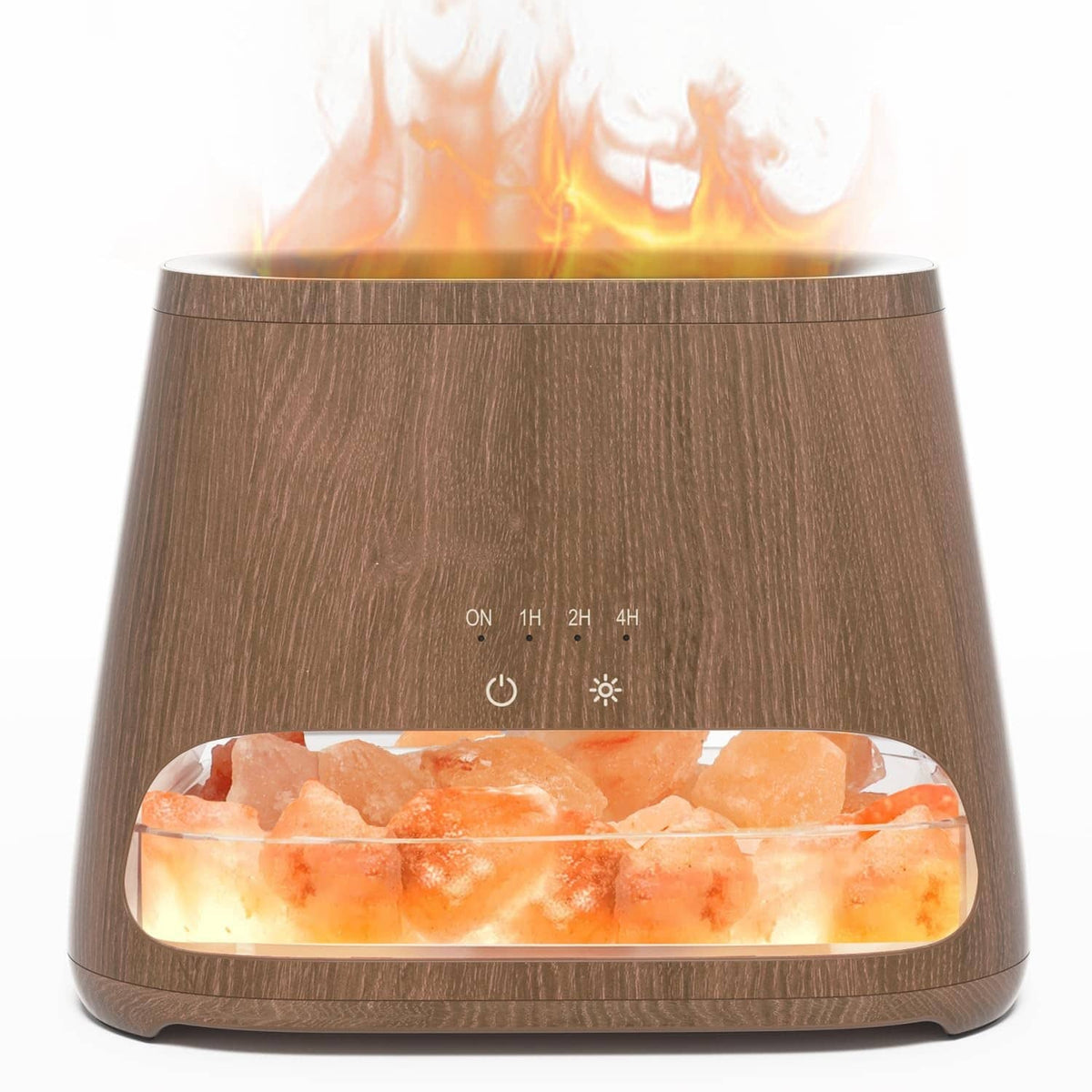 Dark wood 2-in-1 salt lamp diffuser humidifier with glowing pink salt-rock tray and controls
