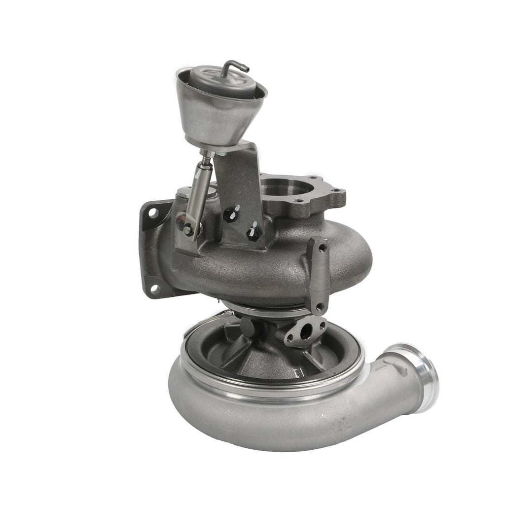 Turbocharger with cast intake housing, round compressor inlet, and attached oil feed