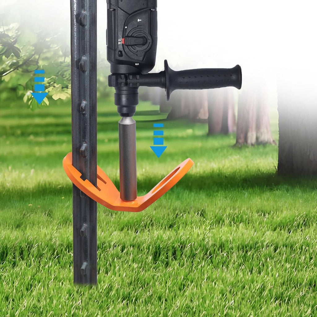 Orange puller base on fence post with steel ground rod driver and drill connection