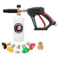 Pressure washer foam cannon gun with black and red handle, white foam bottle