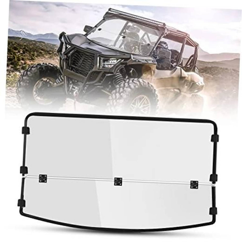 UTV fold-down windshield with clear panel and black frame, with mounting clips