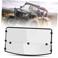 UTV fold-down windshield with clear panel and black frame, with mounting clips