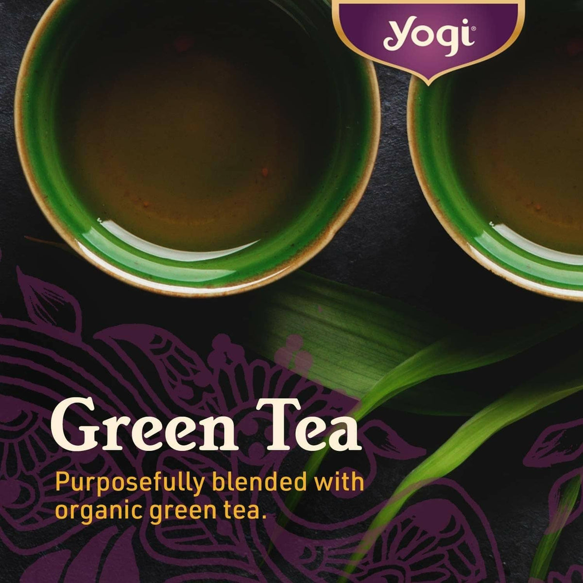 Green tea decaf label with cup illustration and organic green tea text