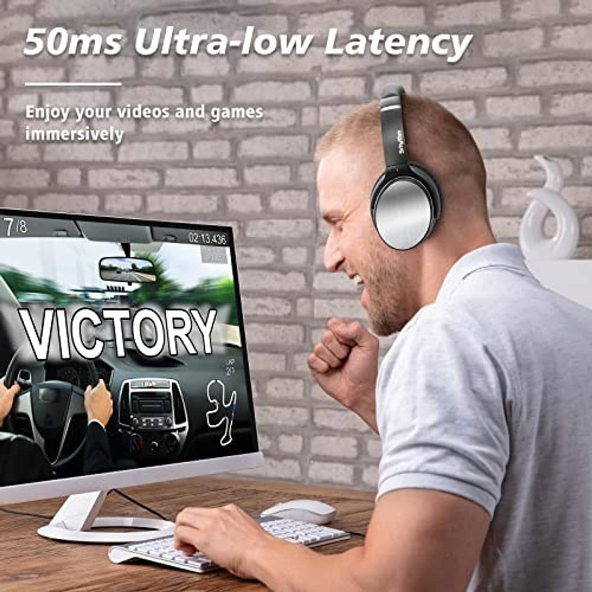 Black over-ear headphones worn by a man with padded ear cups