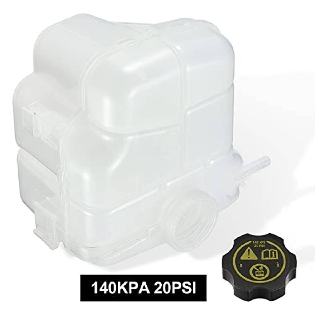 White coolant reservoir tank with molded hose ports and black cap
