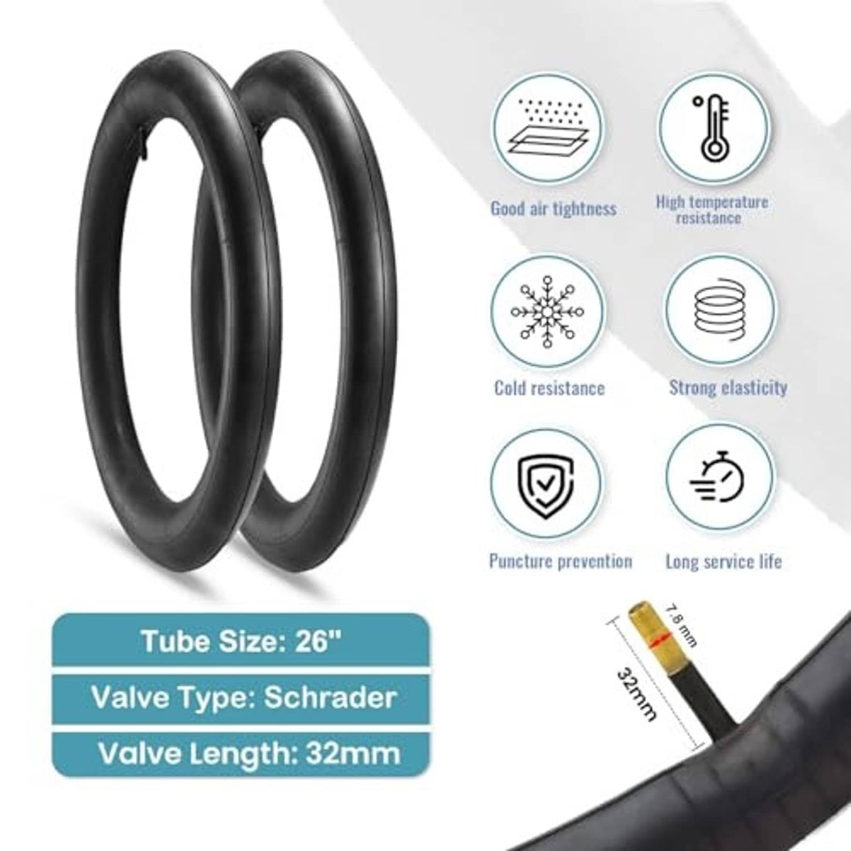 Pair of black inner tubes with Schrader valve; valve size details shown.