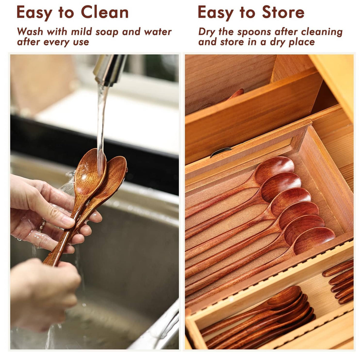 Brown wooden spoons rinsed in sink and stored neatly in a drawer