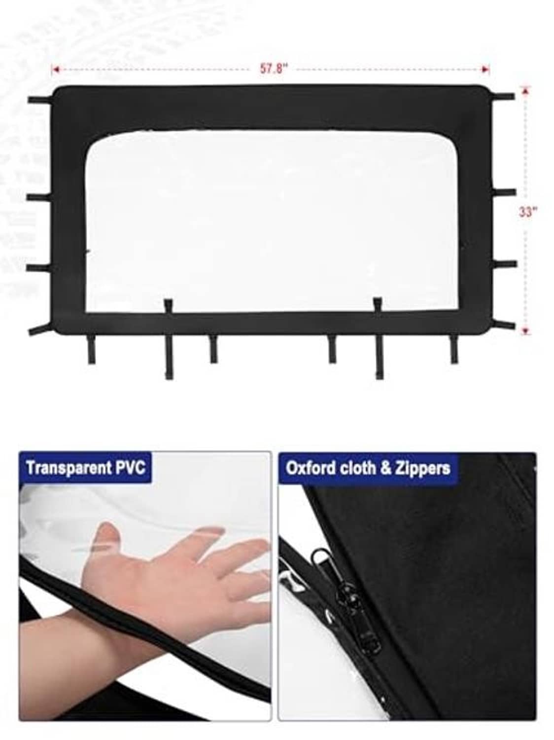 Black soft windshield with clear PVC window and side zippers, with size markings