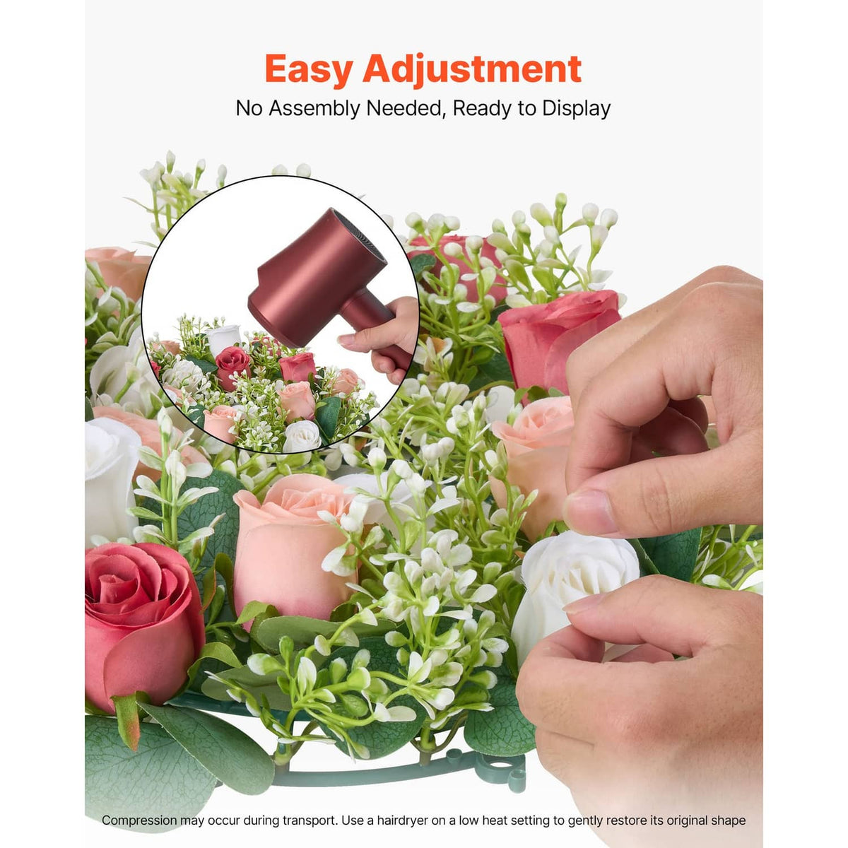 Artificial rose flower wreath ring with rose blooms, green leaves, and small white flowers