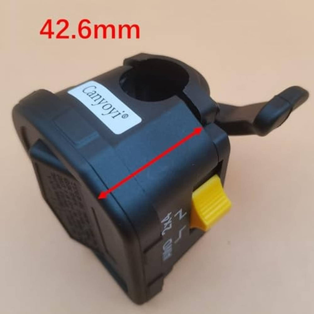 Thumb throttle lever assembly, side view with yellow adjustment knob on dark blue body