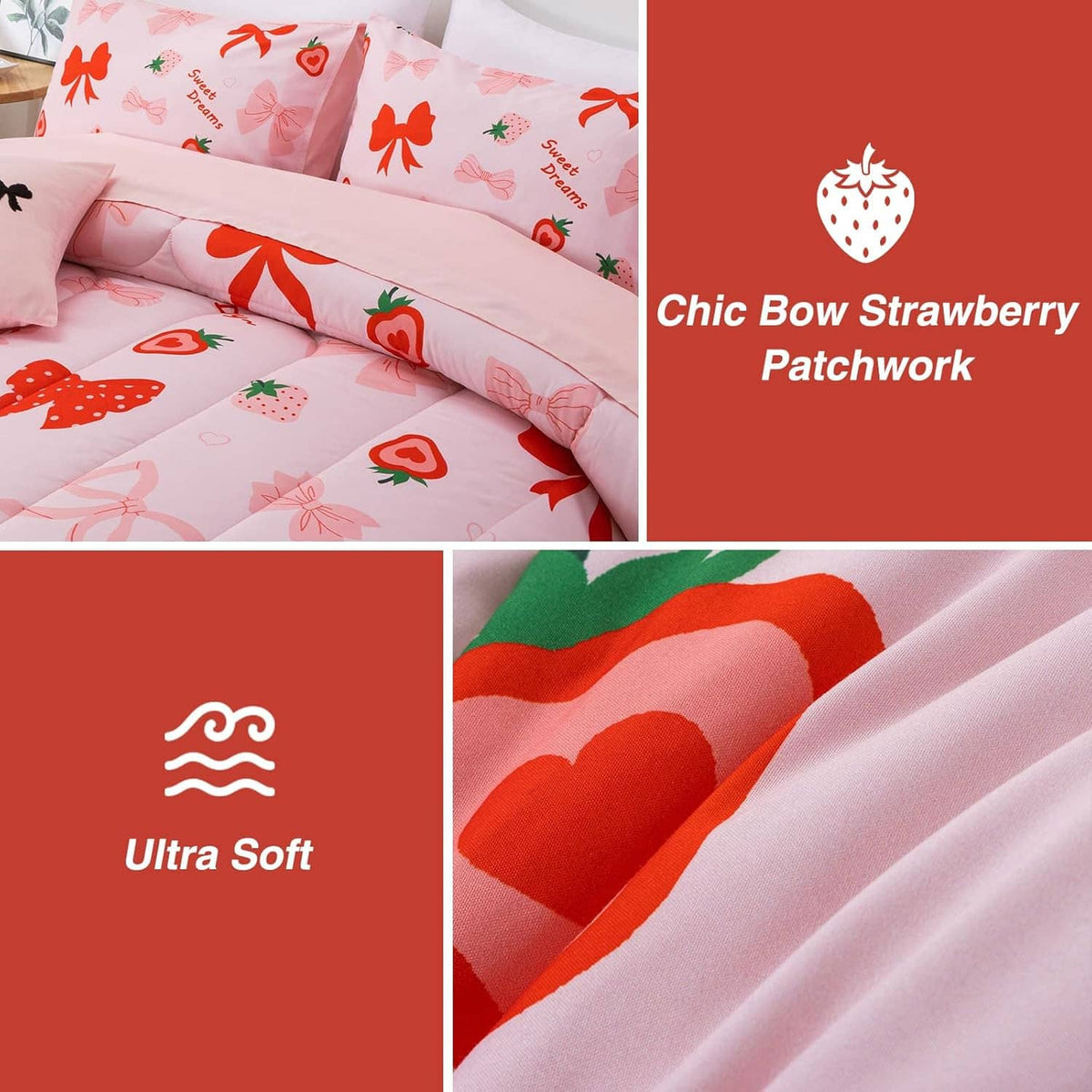 Pink bow-pattern bedding showing stitched patchwork detail on the comforter