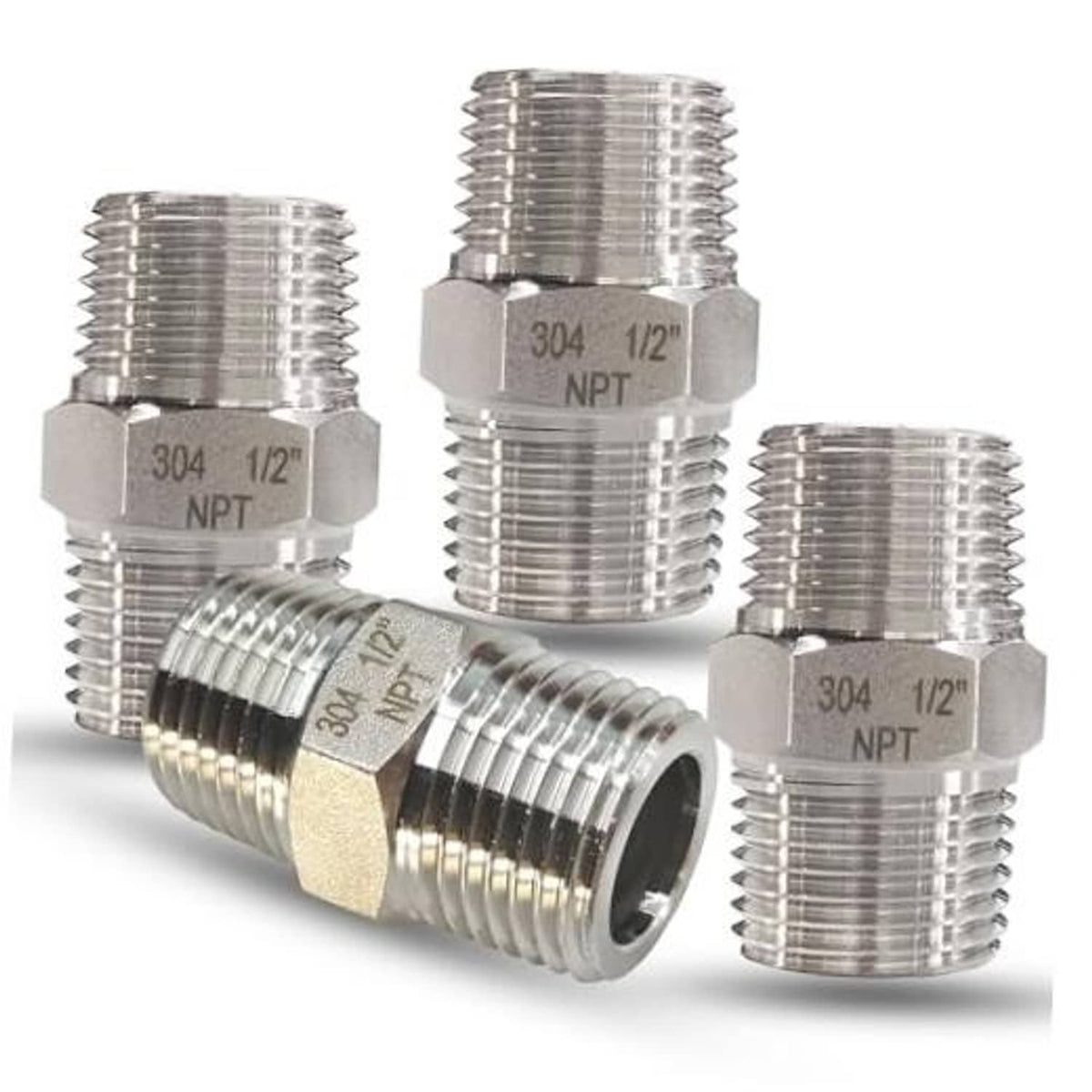 304 stainless steel 1/2 in NPT male hex nipple pipe fitting set of four, silver