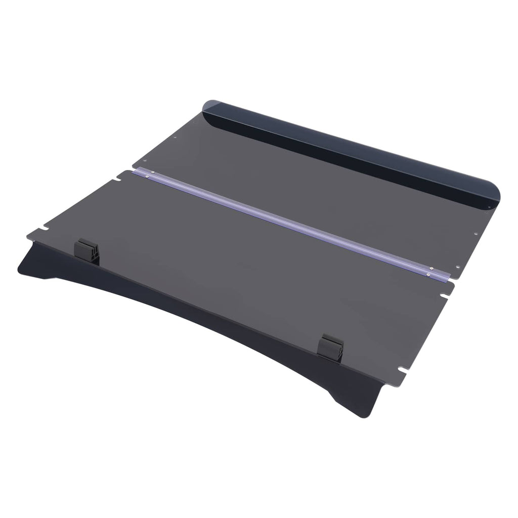 Tinted fold-down flip windshield screen, dark panel with support brackets.
