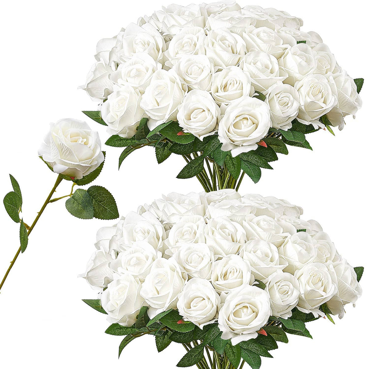Artificial white rose bouquet with two clustered arrangements and green leaves