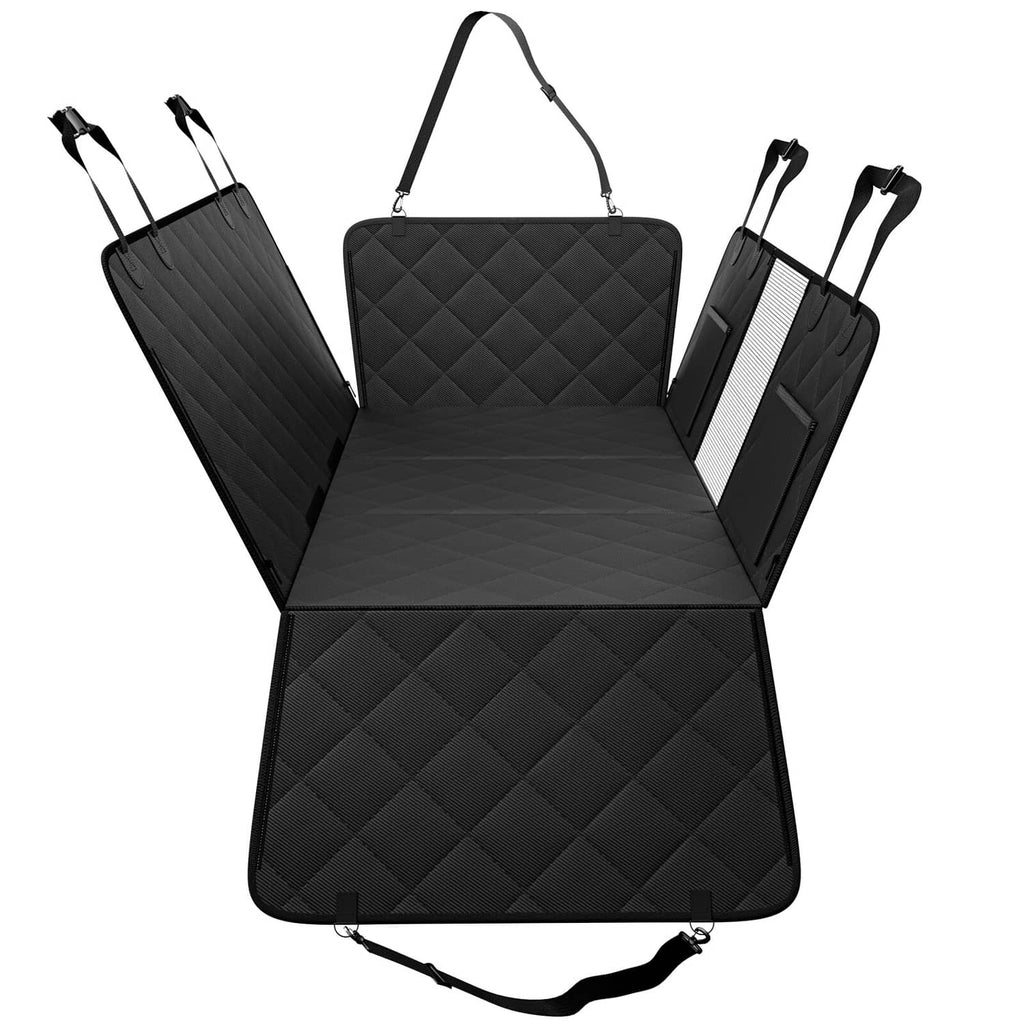 Black quilted waterproof dog car back seat cover with three panel straps and carry handle