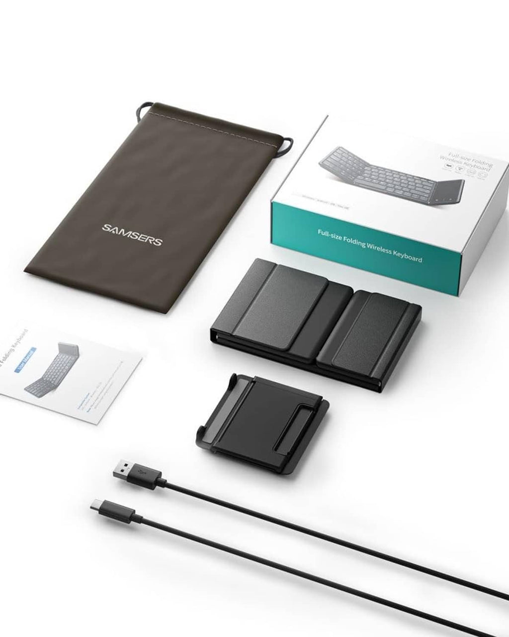 Foldable black Bluetooth keyboard with touchpad, accessories and storage pouch included