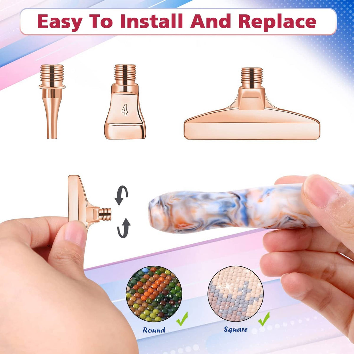 Diamond painting pen with interchangeable metal tips, hand holding swirled resin handle