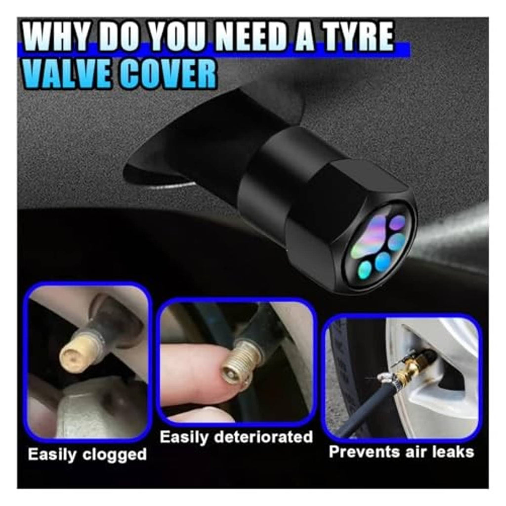 Black tire valve stem cap with glowing paw design near the tire valve