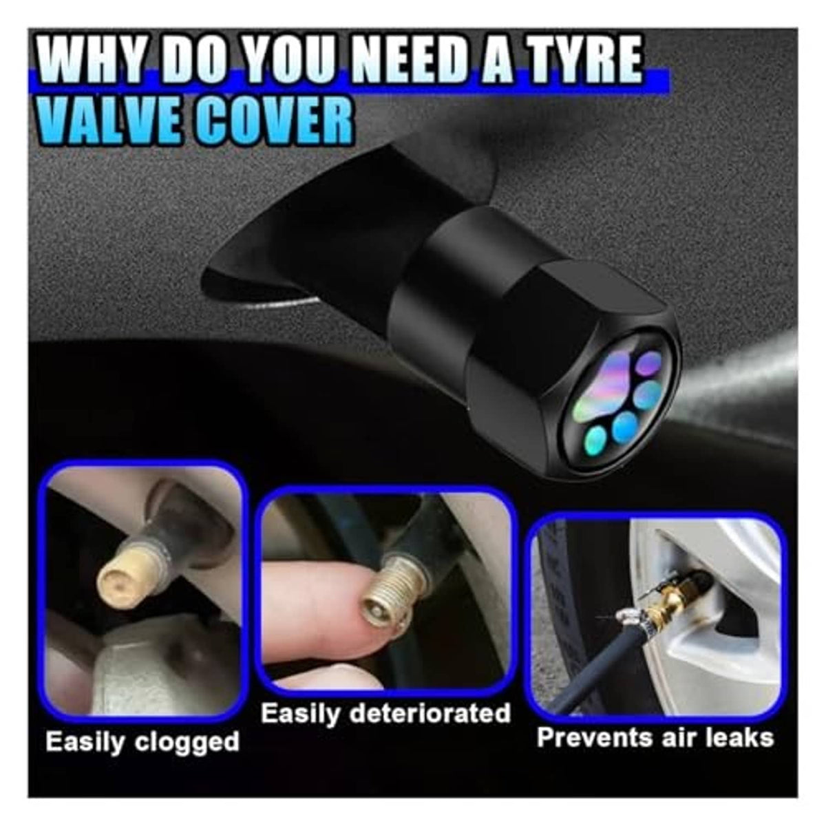 Black tire valve stem cap with glowing paw design near the tire valve